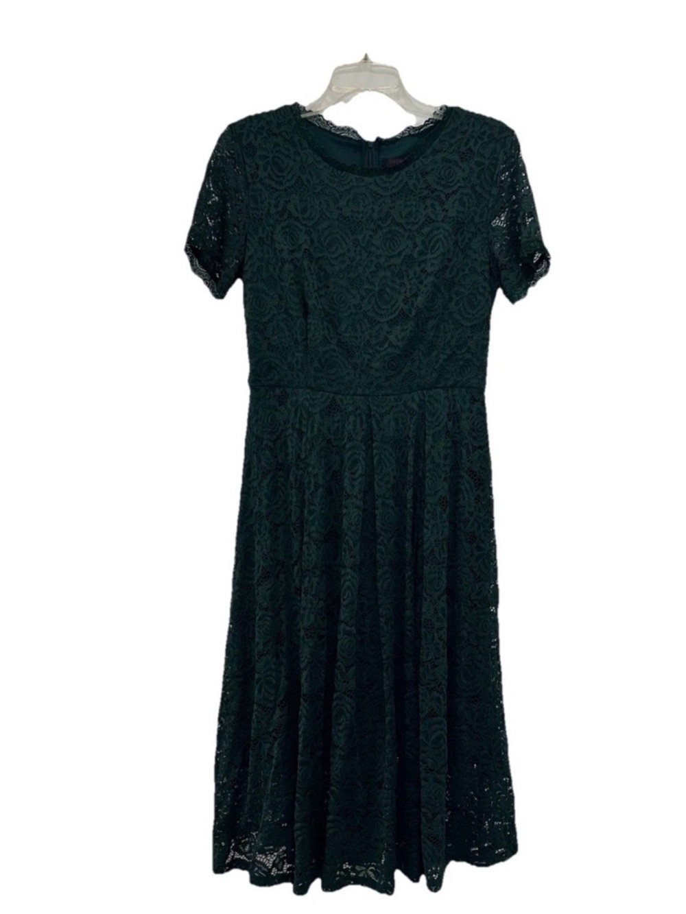 Dark Green Lace Midi Dress with Short Sleeves